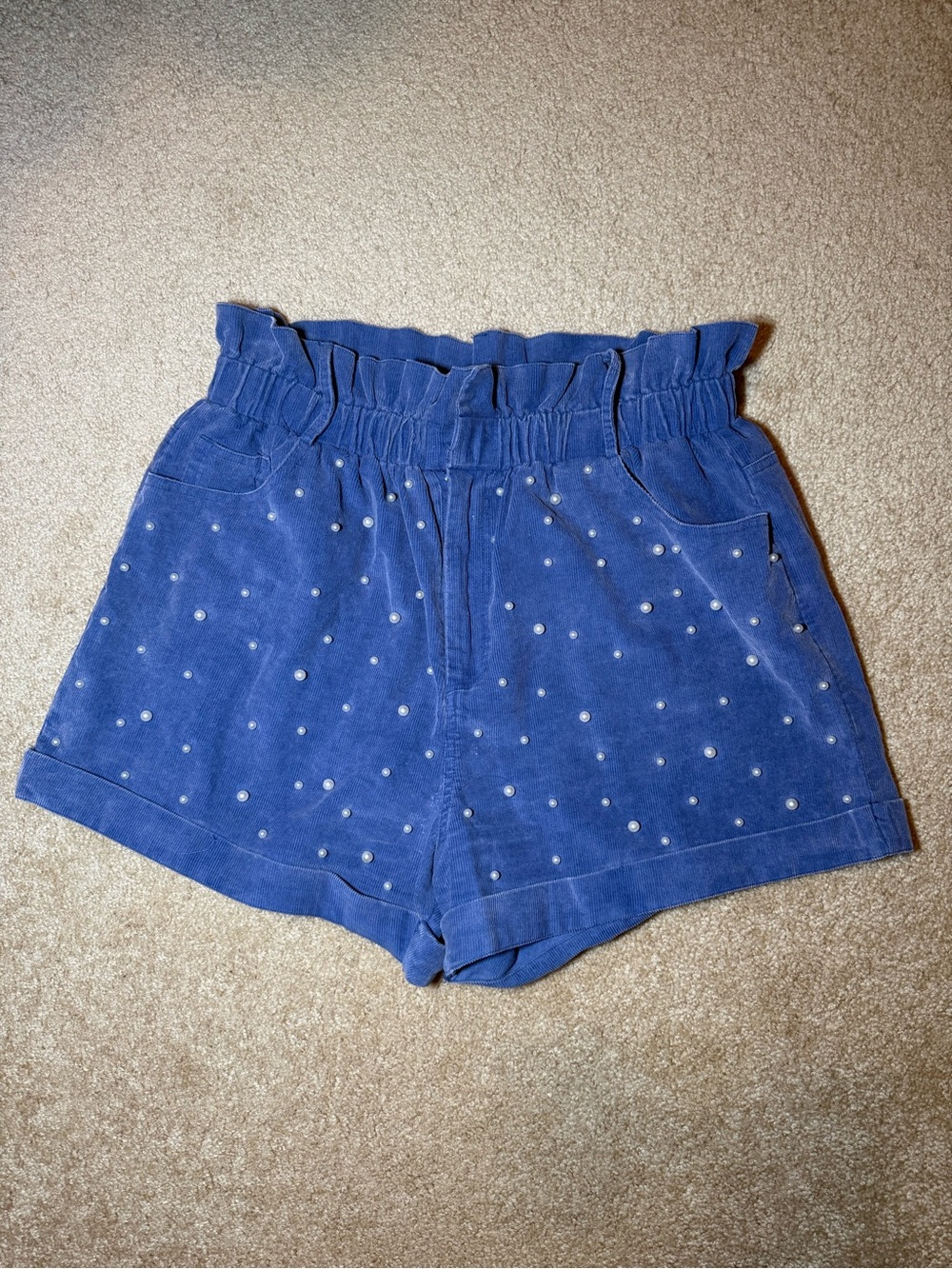 Fantastic Fawn Blue Pearl-Embellished High-Waist Shorts